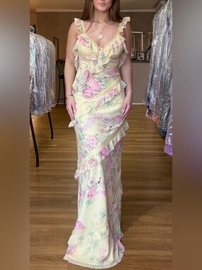 Sherri Hill- Yellow Floral Ruffle Dress - Feminine Summer Evening Gown